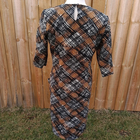 J. McLaughlin Catalyst Black Brown Tan Mod Plaid Ponte Sheath Dress Large - Picture 5 of 9